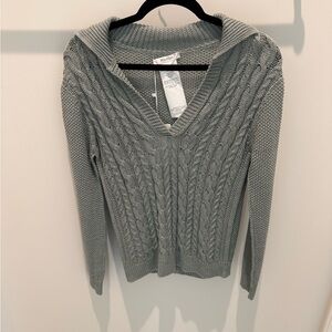Light Green V-Neck Cable Knit Sweater